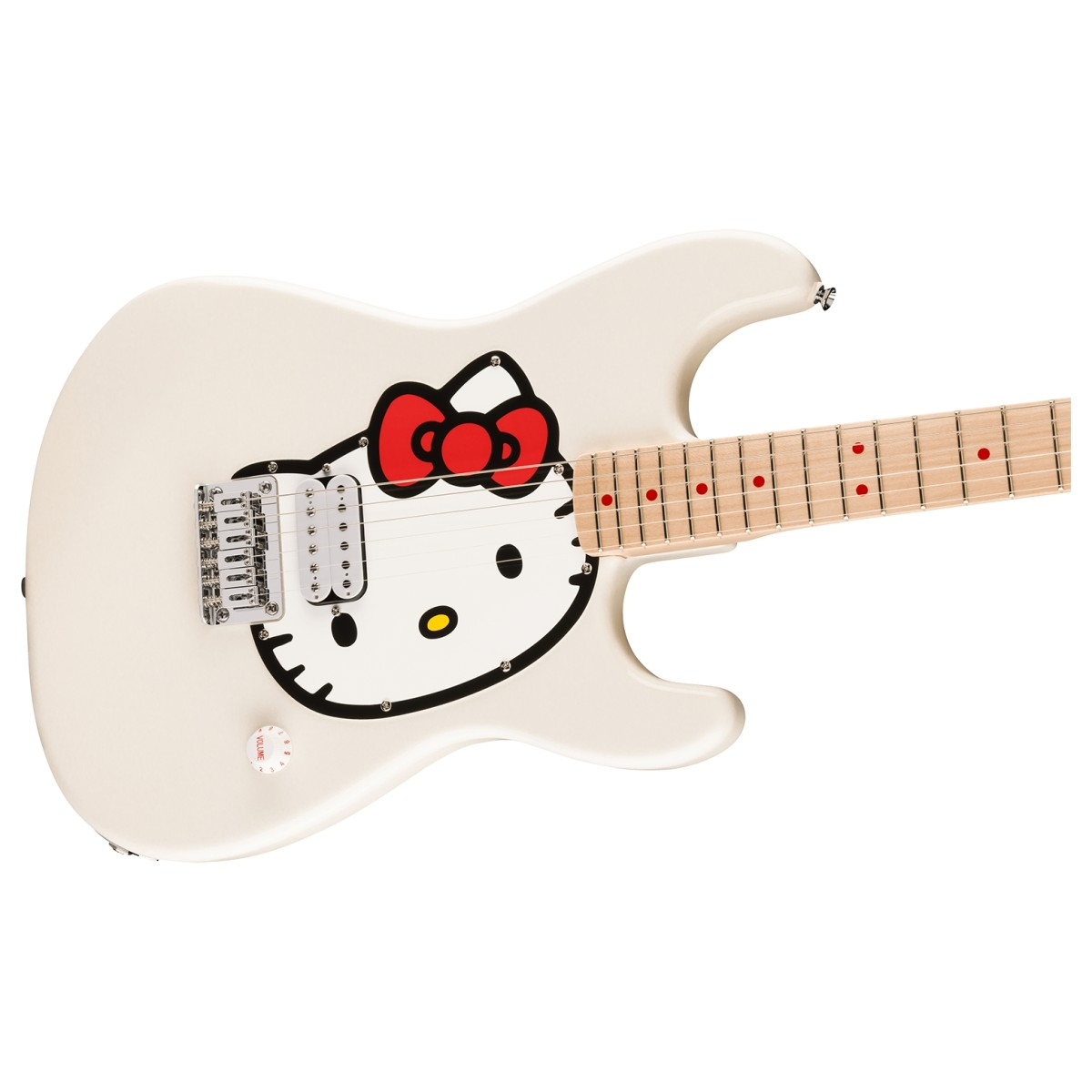 Squier Hello Kitty Stratocaster bianca, con grafica distintiva e manico in acero, ideale per musicisti e fan di Hello Kitty