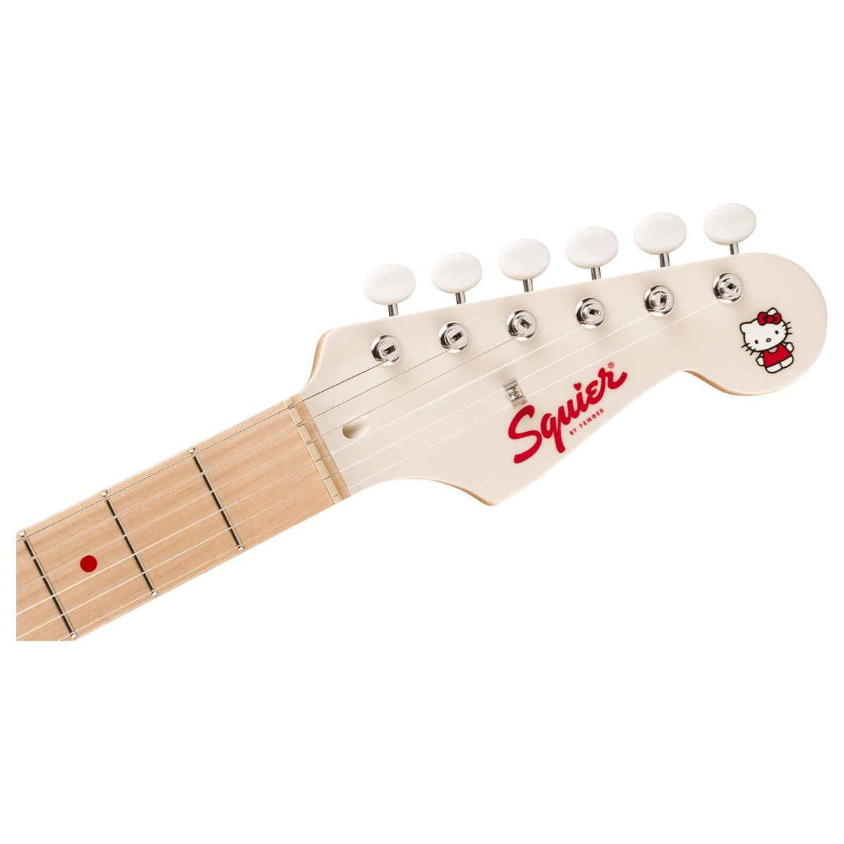 Fronte paletta Squier Hello Kitty Stratocaster bianca, con grafica distintiva e manico in acero, ideale per musicisti e fan di Hello Kitty
