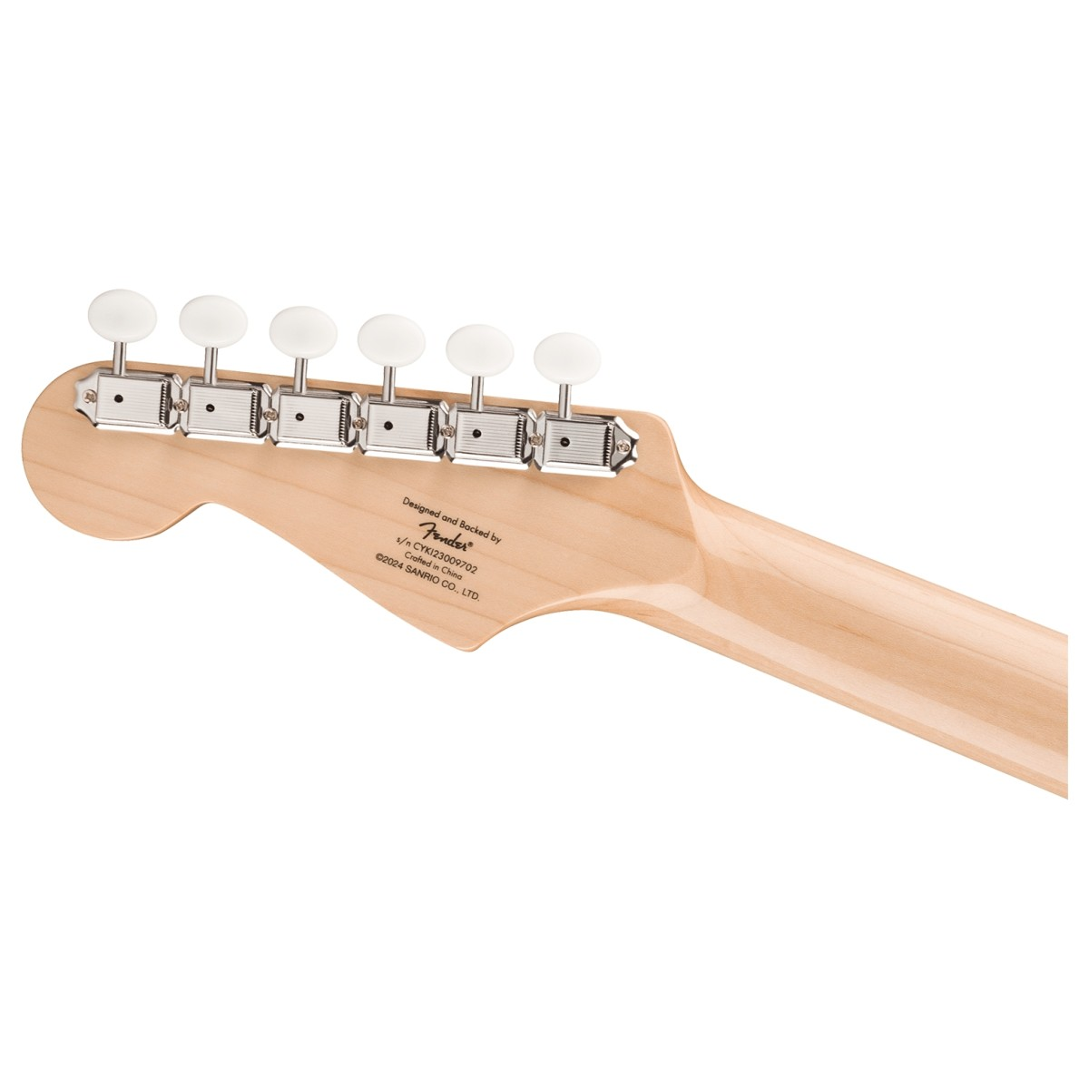 Retro paletta Squier Hello Kitty Stratocaster bianca, con grafica distintiva e manico in acero, ideale per musicisti e fan di Hello Kitty