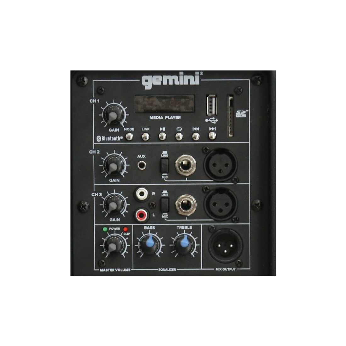 Gemini AS2112 BT: cabinet ABS, diffusore Bluetooth 250W RMS, woofer 12", ingressi XLR e RCA, equalizzatore a due bande