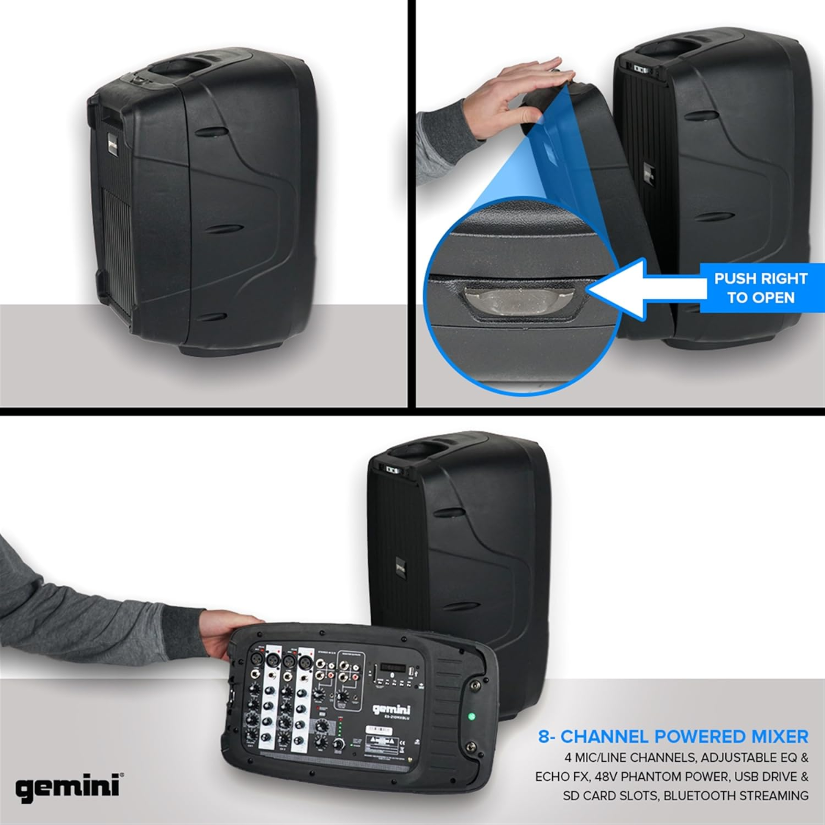 Sistema audio ultra leggero con mixer 8 canali, lettore MP3 e controlli per bassi, alti e volume per 4 ingressi