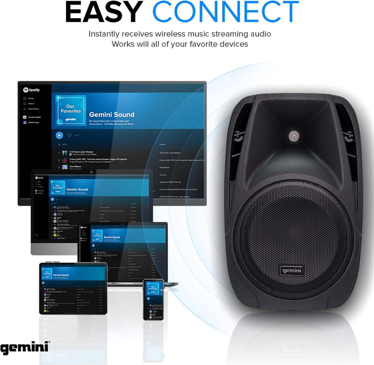 Sistema audio ultra leggero con mixer amplificato, lettore MP3 e controlli indipendenti per 4 ingressi di linea/mic