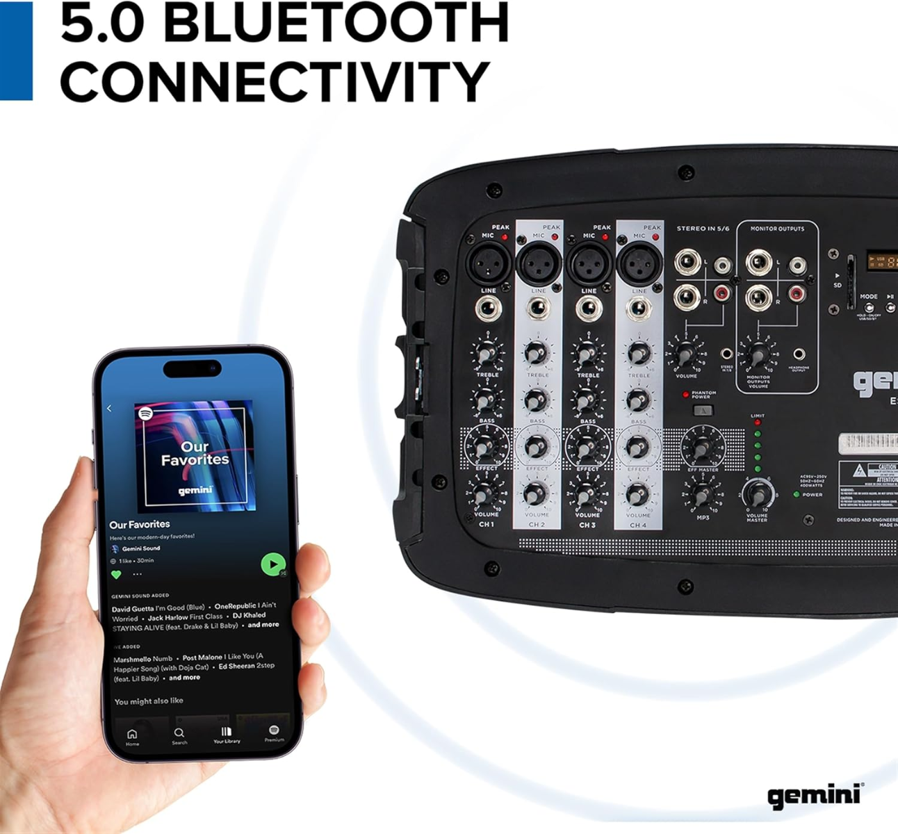 Sistema audio leggero con mixer amplificato, lettore MP3, 2 altoparlanti e controlli per bassi, alti e volume