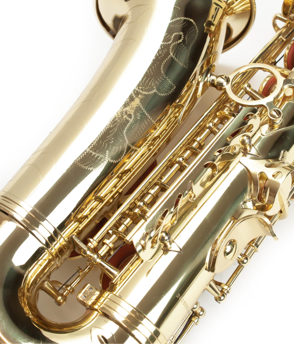 Sassofono contralto in Mib laccato oro, con accessori e garanzia di 4 anni. Finitura in ottone e supporto pollice regolabile