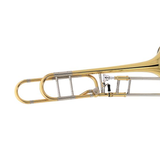 Trombone a coulisse con finitura laccata oro, canneggio 13,89 mm, campana 214 mm, custodia professionale in foam