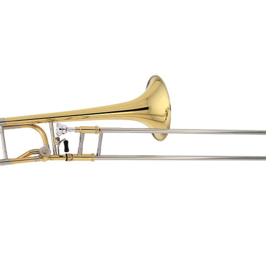 Trombone Sib/Fa laccato oro, canneggio 13,90 mm, campana 214 mm, completo di custodia in foam e accessori