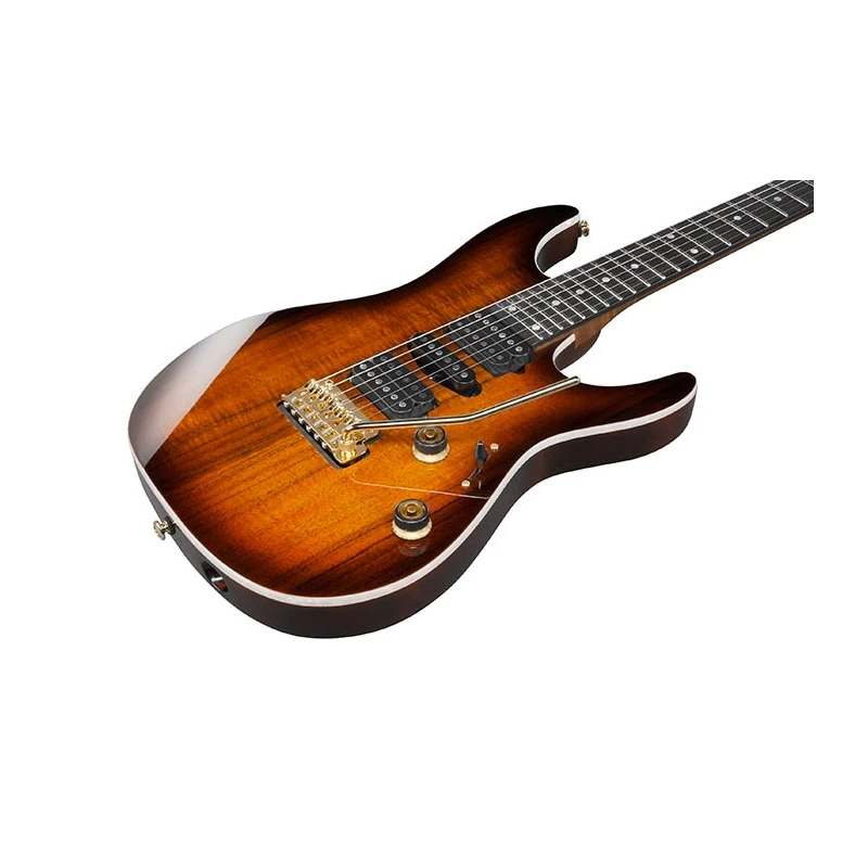 Ibanez AZ47P2K in Dragon Eye Burst, con manico ergonomico in acero, corpo in tiglio e pickups per una vasta gamma tonale