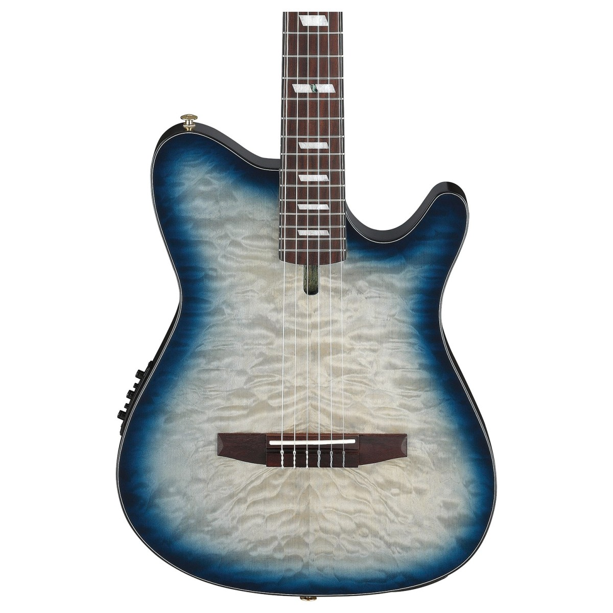 Ibanez FRH20QMN, chitarra semiacustica blu, con top in acero marezzato, manico set-in e suono acustico migliorato