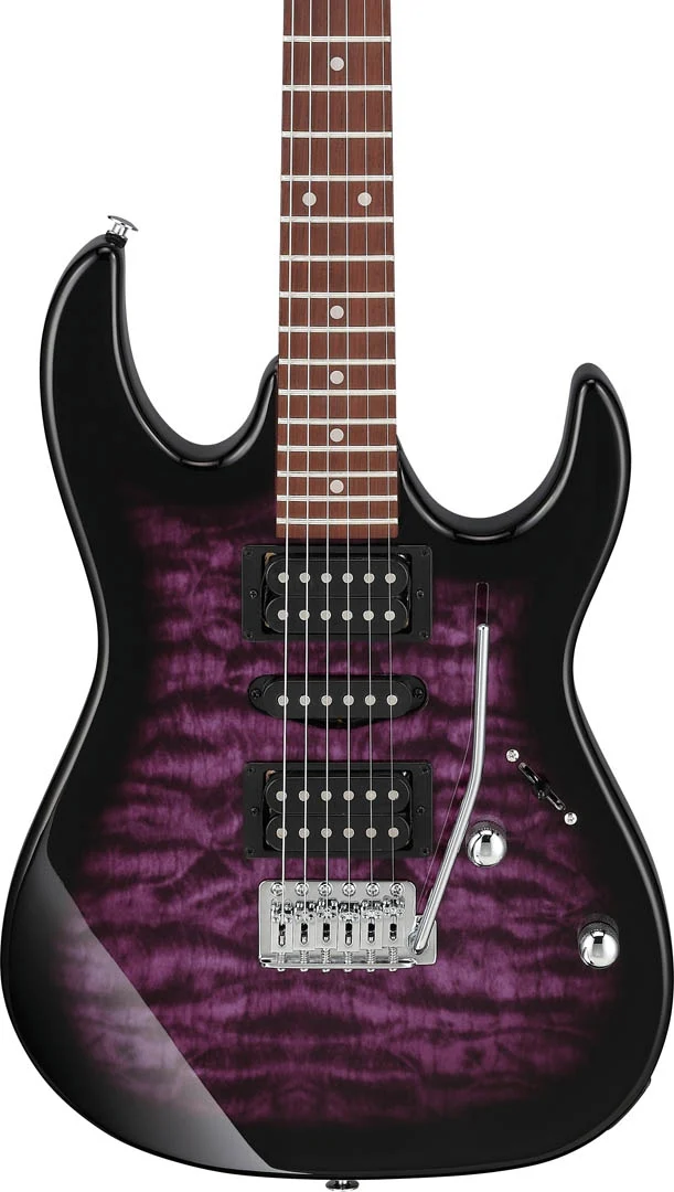 IBANEZ GIO GRX70QA TVT Transparent Violet Burst Chitarra Elettrica perno pulsante cinghia corde pickup corpo body ponte e sellette uscita jack potenziometri volume e tono selettore del pickup battipenna