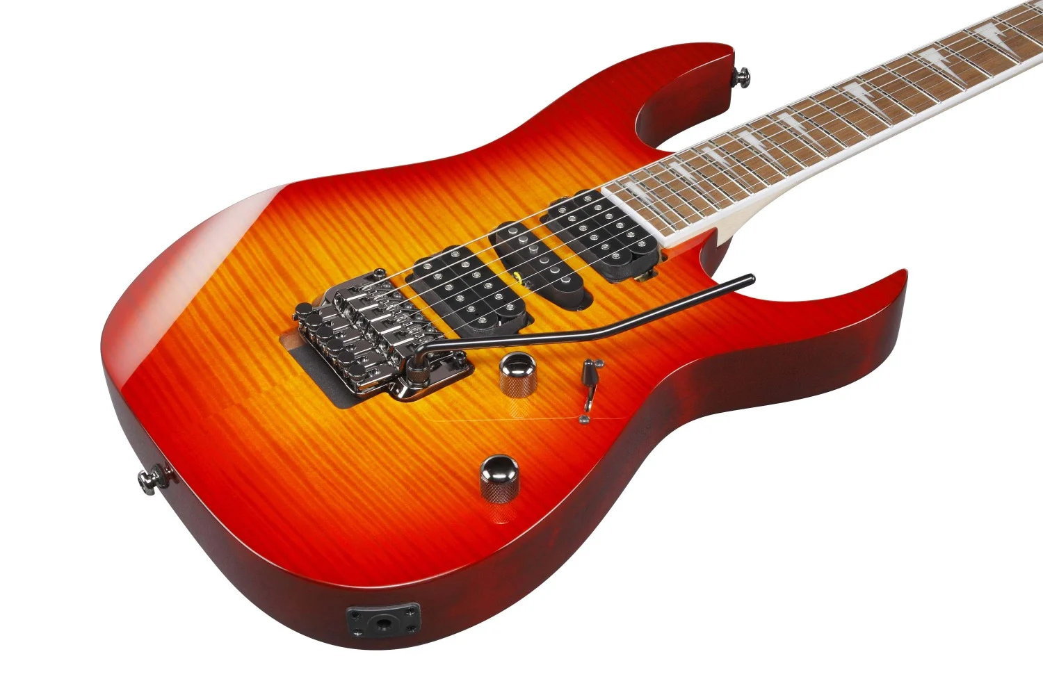 Chitarra Ibanez RG470DXFMCS con manico Wizard III, tastiera in jatoba e pickup Quantum H-S-H, finitura Cherry Sunburst