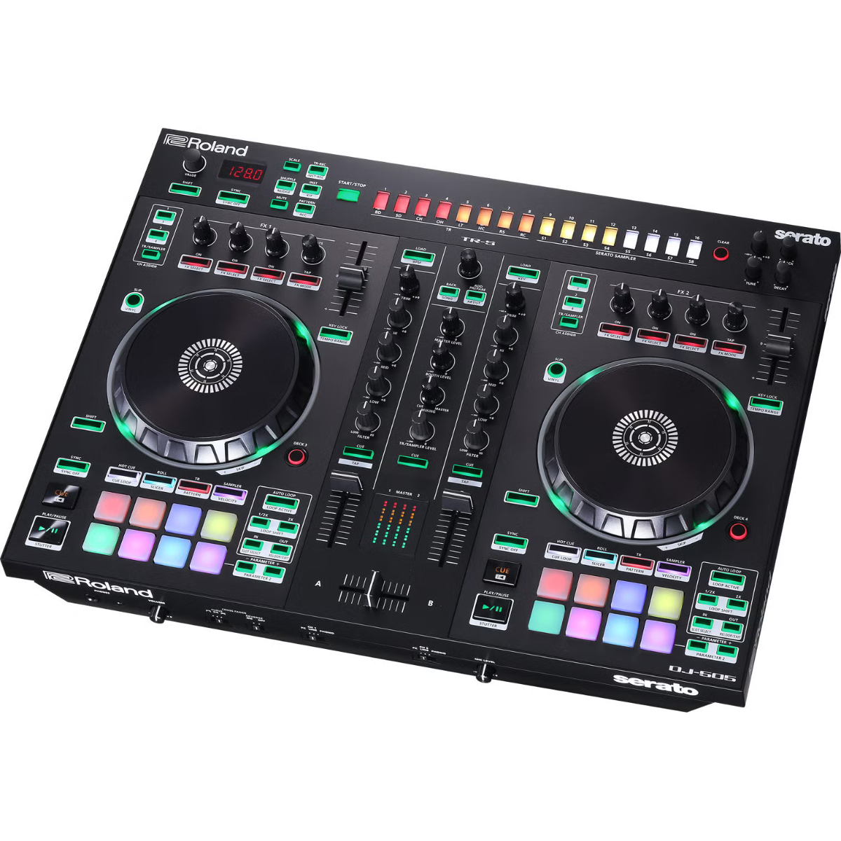 Controller DJ Roland DJ-505 a due canali e quattro deck per Serato DJ, con drum machine TR integrate e funzioni avanzate