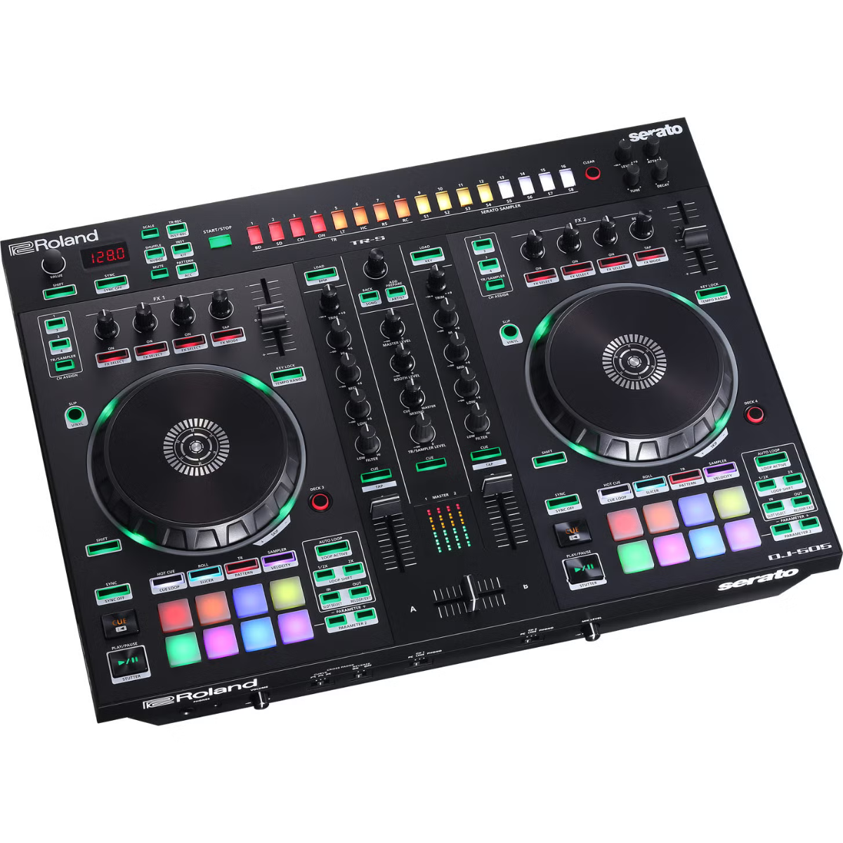 Controller DJ Roland DJ-505 a due canali e quattro deck per Serato DJ, con drum machine TR integrate e funzioni avanzate