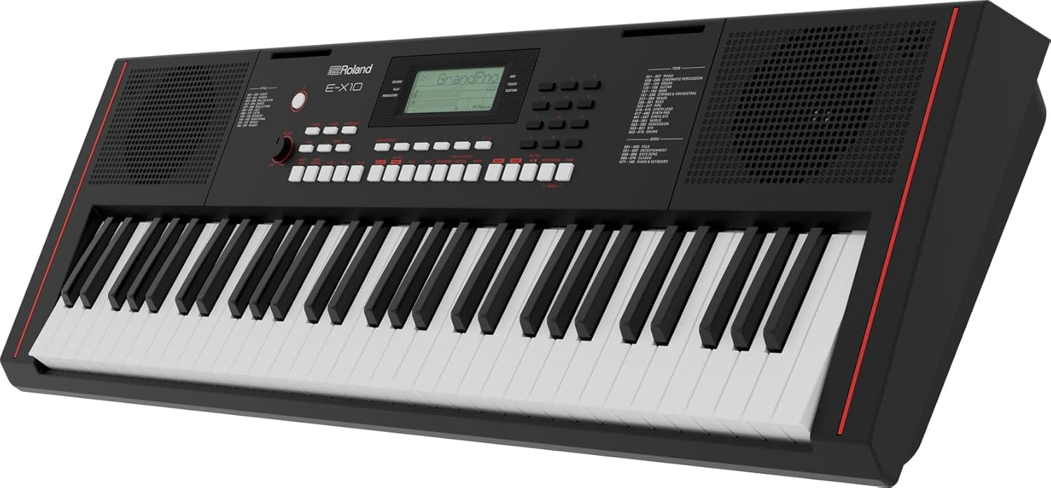 Tastiera E-X10 a 61 tasti, progettata per musicisti, offre suoni di alta qualità e lezioni per migliorare le abilità musicali