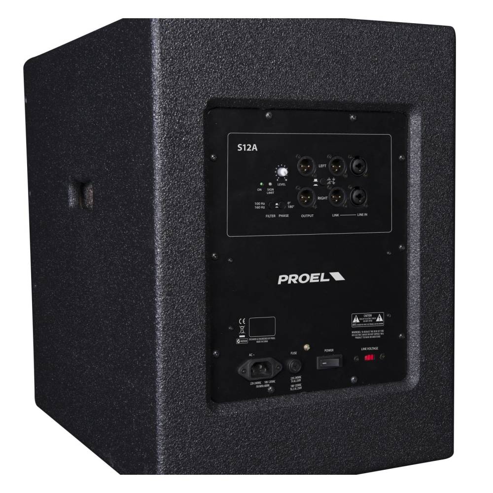 Subwoofer Proel S12A, 12", 600W, efficienza Hybrid Band Pass, SPL massimo 127dB, cabinet in legno, peso 19kg