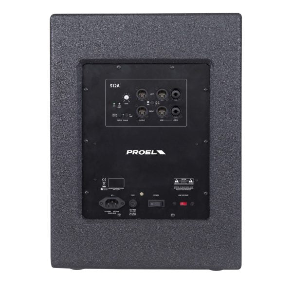 Subwoofer PROEL S12A, potenza 600W, risposta 43Hz-160Hz, SPL massimo 127dB, cabinet in multistrato, finitura nera