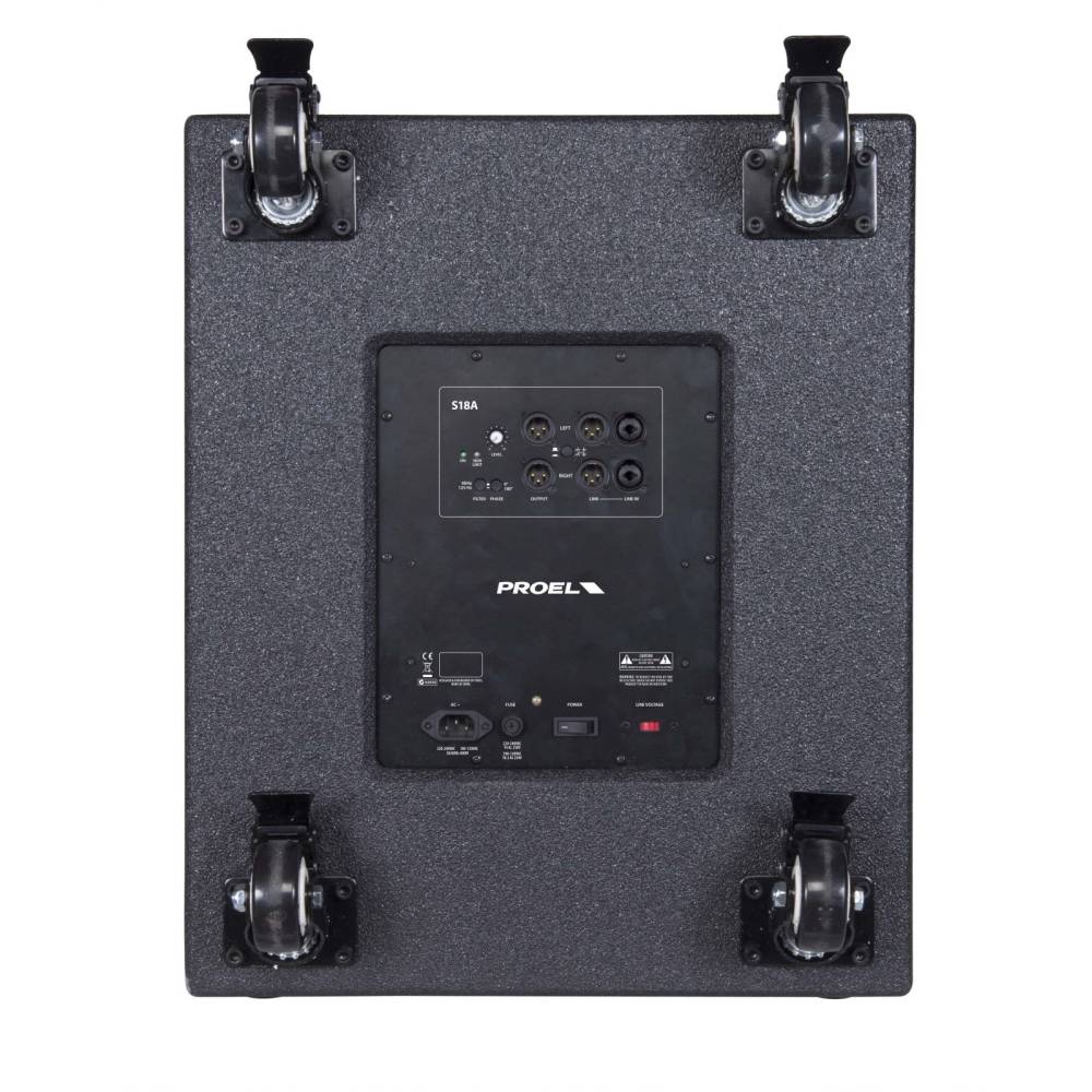 Connessioni Subwoofer Proel S18A, woofer 18", SPL massimo 131dB, alimentazione 230V/120V, finitura antigraffio, flangia per stativo