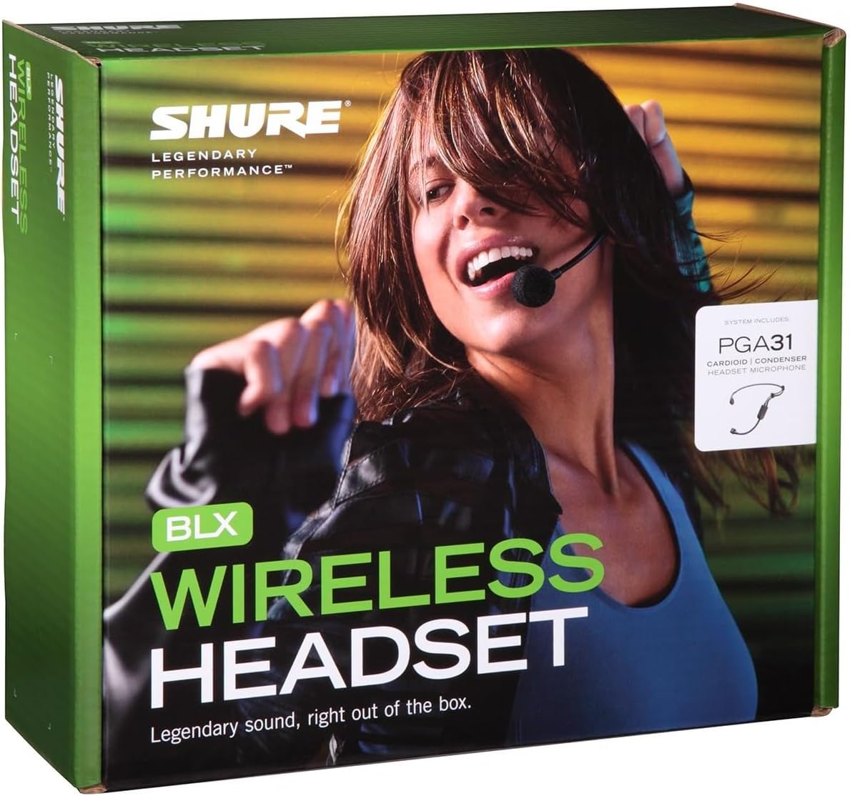 Packaging confezione RADIOMICROFONO Shure BLX14E/P31: sistema wireless con microfono ad archetto, portata 100 m, risposte audio 40 Hz - 20 kHz