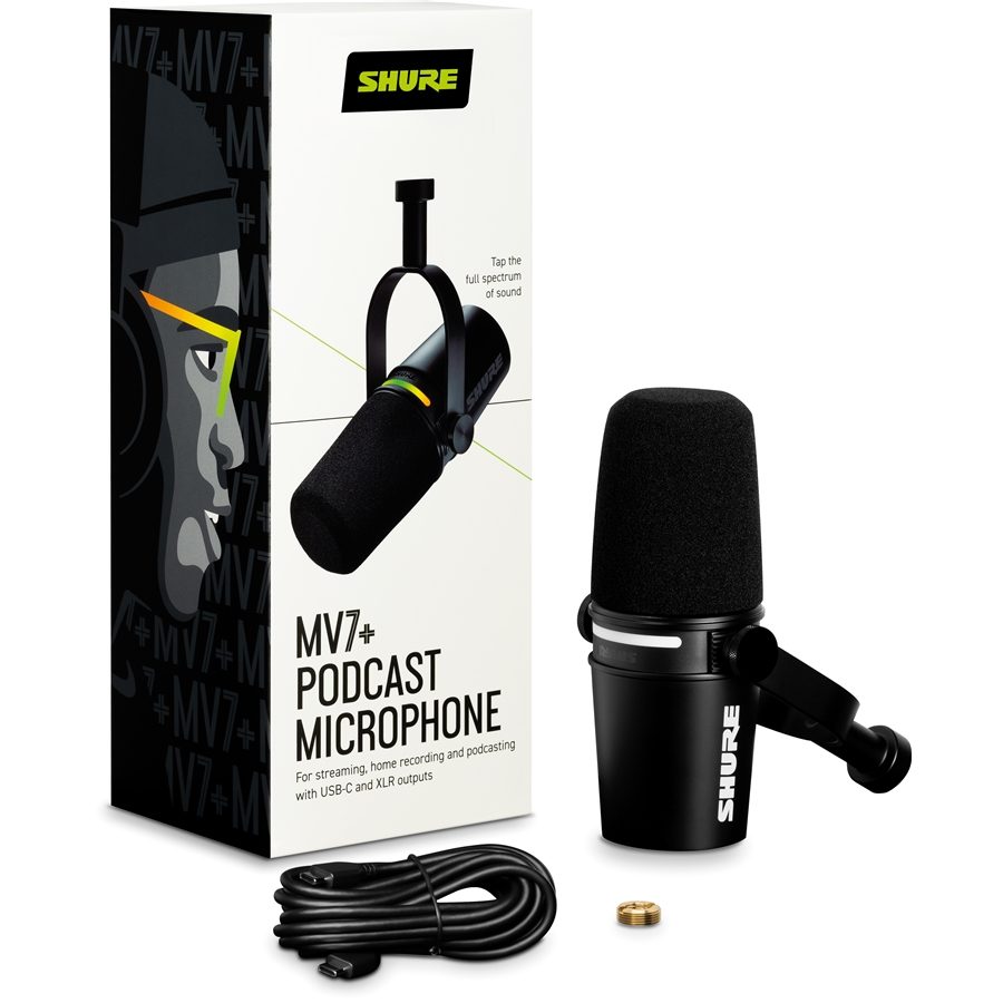 Microfono Shure MV7+ nero, con pannello touch LED, ottimizzato per podcast e streaming, offre audio chiaro e riduzione rumore