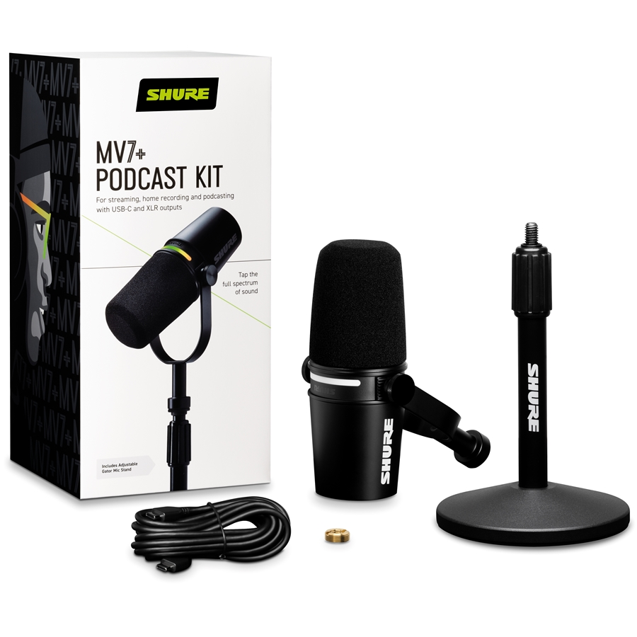 Kit Shure MV7+: microfono dinamico nero, supporto da tavolo e cavo USB-C da 3 metri, ideale per podcaster e content creator