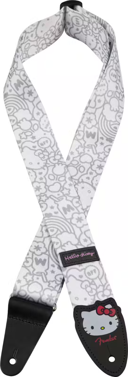 Tracolla Fender® x Hello Kitty® bianca in poliestere, 5 cm di larghezza, con estremità in pelle personalizzate e grafica Hello Kitty