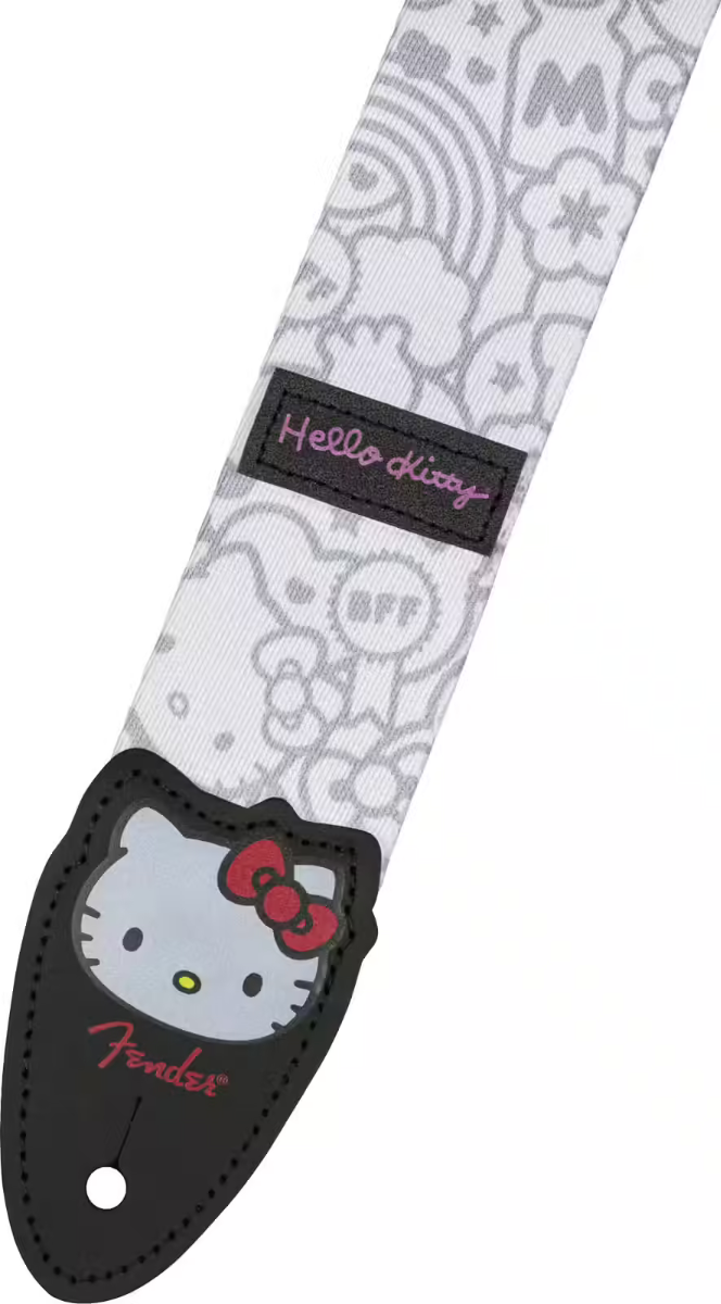 Tracolla per bambini Fender® x Hello Kitty® in poliestere bianco, 5 cm di larghezza, con estremità in pelle e grafica di Hello Kitty