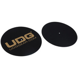 Coppia di slipmat per DJ in feltro nero con logo dorato UDG, diametro 30,5 cm, spessore 0,2 cm