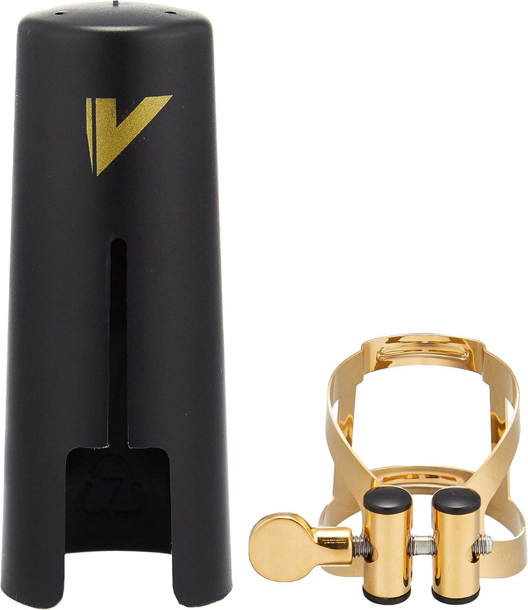 Legatura Vandoren M|O LC57DP per sax alto, leggera e dorata, con cap in plastica e serraggio simmetrico a doppio binario