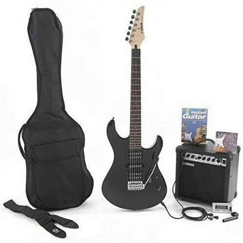 Kit completo chitarra elettrica nera, amplificatore Yamaha GA15, custodia e accessori per musicisti alle prime armi