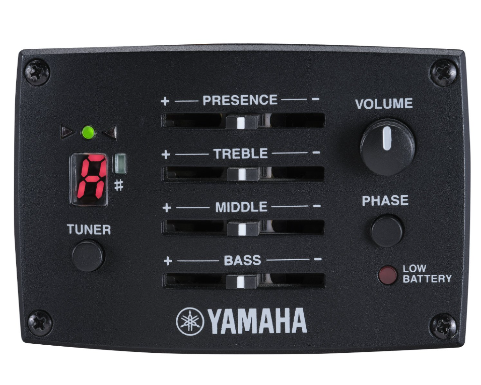 Regolazione presence treble middle bass volume e phase Yamaha FX400, chitarra dreadnought con finitura opaca, sistema di preamplificazione, accordatore e interruttore di fase