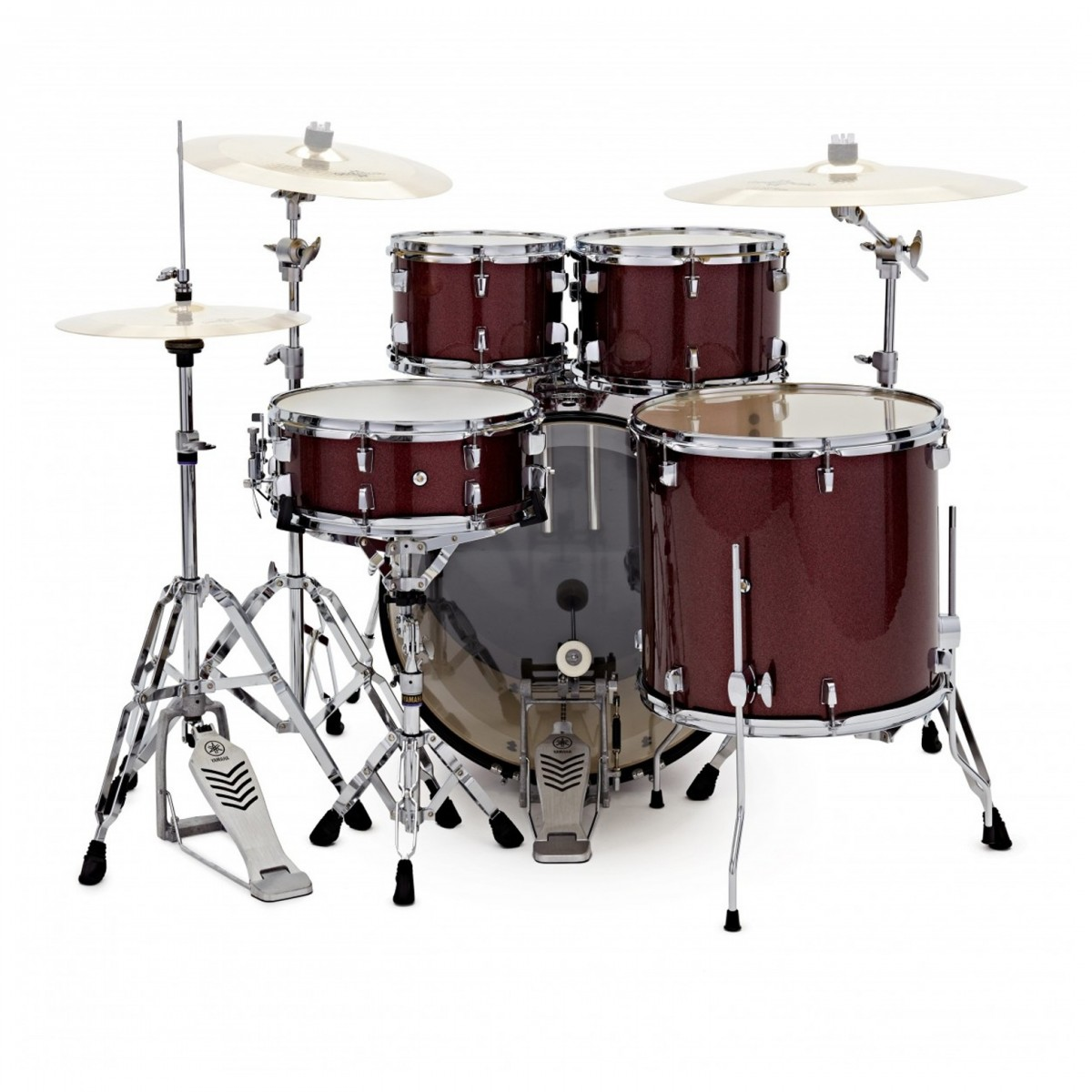 Batteria Yamaha Rydeen 20" Burgundy Glitter con hardware e piatti inclusi, progettata per batteristi di livello intermedio e principianti
